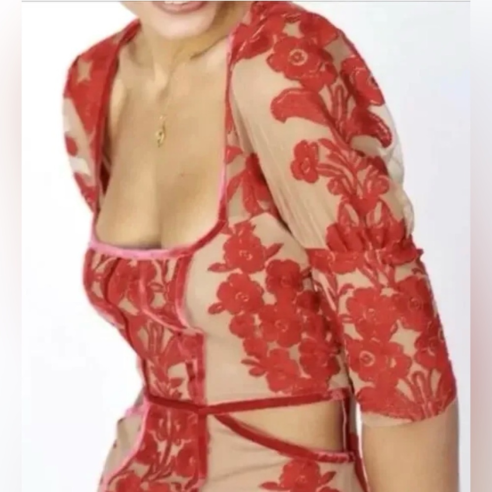 For Love & Lemons NWT Temecula Mini Dress Cutout Red Floral Sz Xs *FLAW - Picture 2 of 11